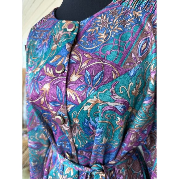 Vintage 70's Nancy II Blue Purple Floral Belted House Dress Sz 18 - Picture 9 of 14